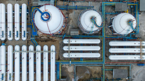 Aerial top view lpg liquefied petroleum gas storage tank, lpg gas storage tank and pipeline.