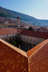 Buildings in town against clear sky