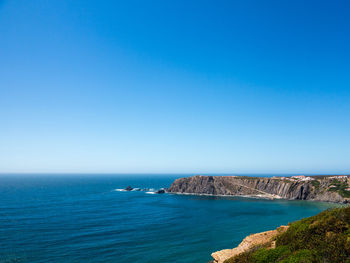 Scenic view of sea against clear blue sky