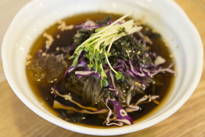 Close-up of salad in bowl on wooden table