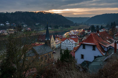 High angle view of townscape against sky at sunset