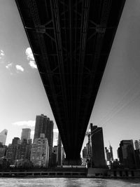 Low angle view of bridge over river by buildings against sky