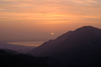 Scenic view of silhouette mountains against romantic sky at sunset