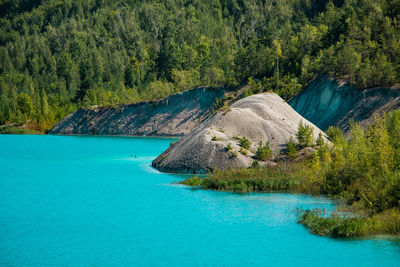 Beautiful mountain lake with bright turquoise water. summer landscape on a sunny day.