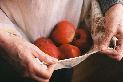 Midsection of woman carrying fruits in cloth