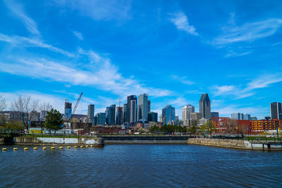 River by cityscape against blue sky