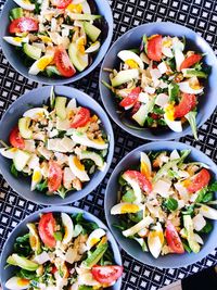 Directly above view of salad in bowl on table