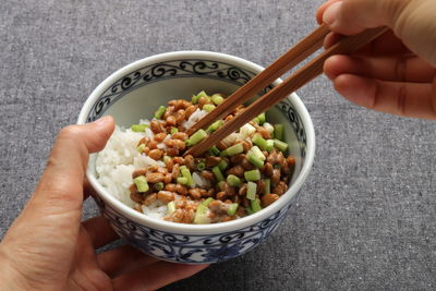 Midsection of person holding rice in bowl