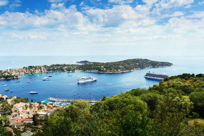 High angle view of boats in bay