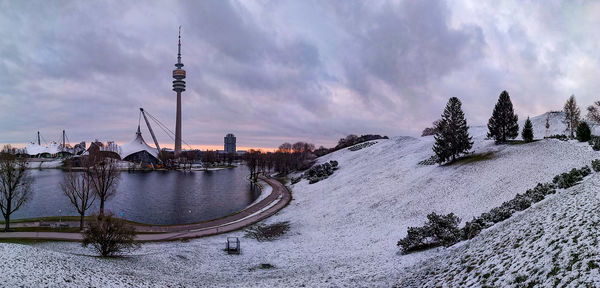Panoramic view of buildings against cloudy sky