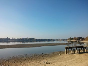 Scenic view of lake against clear blue sky