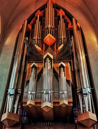 Hallgrimskirkja, reykjavik. church organ at sunset. musical instrument 