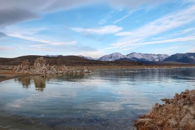 Scenic view of lake by mountains against sky