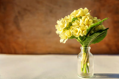 Close-up of yellow flower vase on table