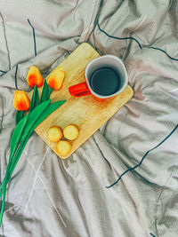 High angle view of coffee cup on bed