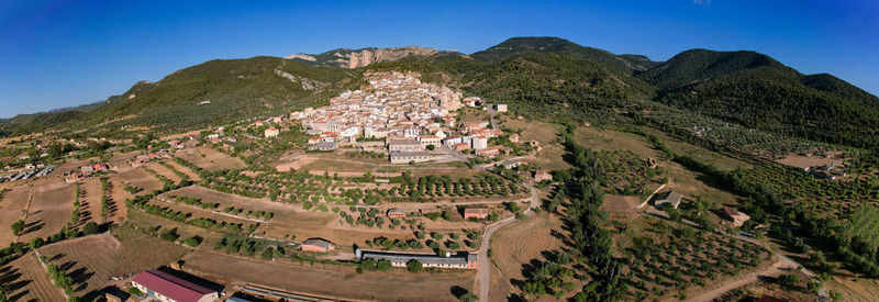 Aerial panoramic view of the small village of penyarroya de tastavins in aragon region, spain
