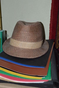 High angle view of hat on table