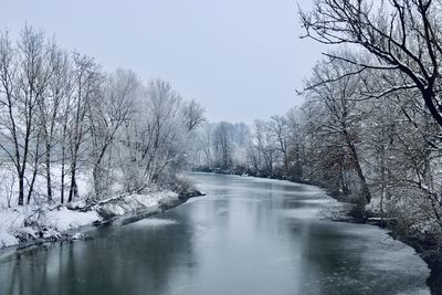Bare trees by river against sky during winter