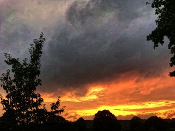 Low angle view of silhouette trees against dramatic sky