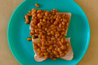 High angle view of food in plate on table