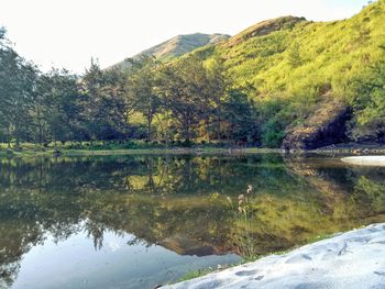 Scenic view of lake by trees against sky