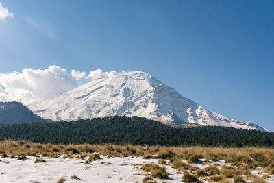 Scenic view of snowcapped mountains against clear blue sky