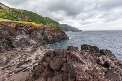 Scenic view of rocks in sea against sky