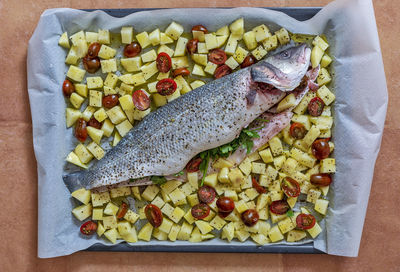 High angle view of food in plate on table