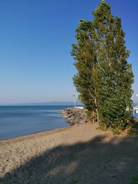 Scenic view of sea against clear blue sky