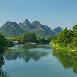 Scenic view of lake and mountains against clear sky