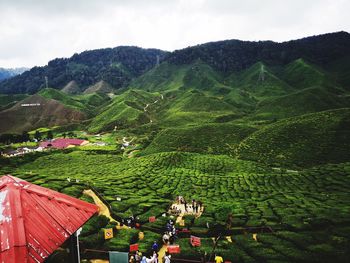 High angle view of agricultural landscape against sky