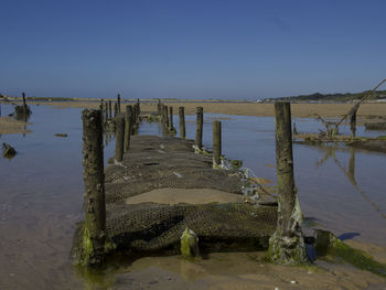 Wooden posts on beach against clear sky