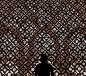 Full length rear view of silhouette man standing in metal grate