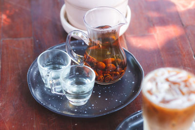 Drink hot tea in a beautifully prepared glass jug ready to serve.