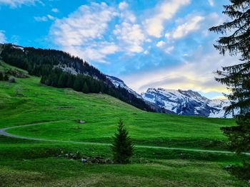 Scenic view of green landscape and mountains against sky