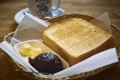 Close-up of breakfast served on table