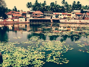 Reflection of houses in lake water