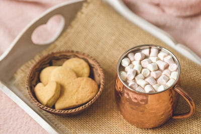 Cocoa and heart cookies, valentines day breakfast 