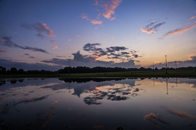 Scenic view of lake against sky at sunset