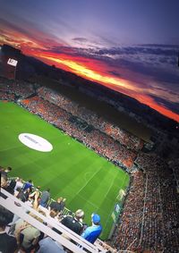 High angle view of soccer field against sky