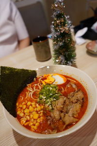 High angle view of soup in bowl on table