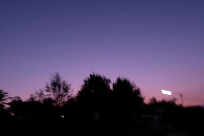 Silhouette trees against clear sky at night