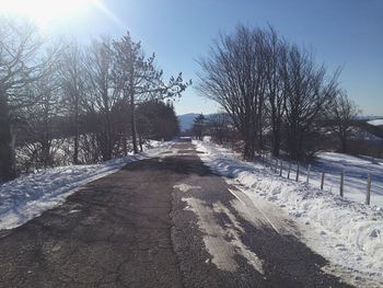 Road amidst bare trees against clear sky during winter