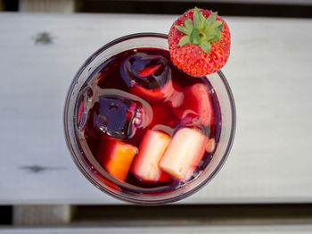 Directly below shot of sangria in glass on table