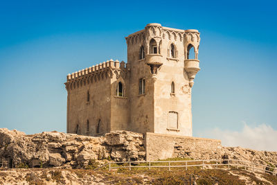 Low angle view of old building against blue sky