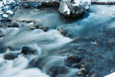 High angle view of water flowing through rocks