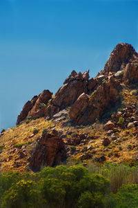 Scenic view of mountains against clear blue sky