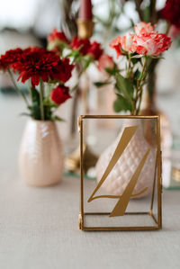 Close-up of christmas decorations on table