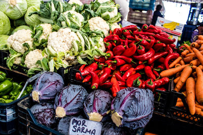 High angle view of vegetables for sale at market stall