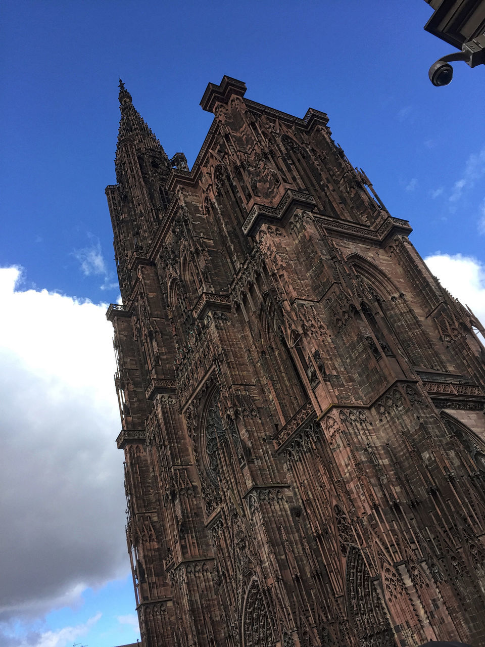 low angle view, architecture, built structure, building exterior, sky, cloud, cloud - sky, blue, tall - high, outdoors, day, growth, tall, architectural feature, no people, stone material